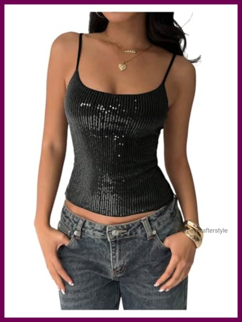Sequin Cami Top Slim Fit Sleeveless Spaghetti Strap Party Going Out